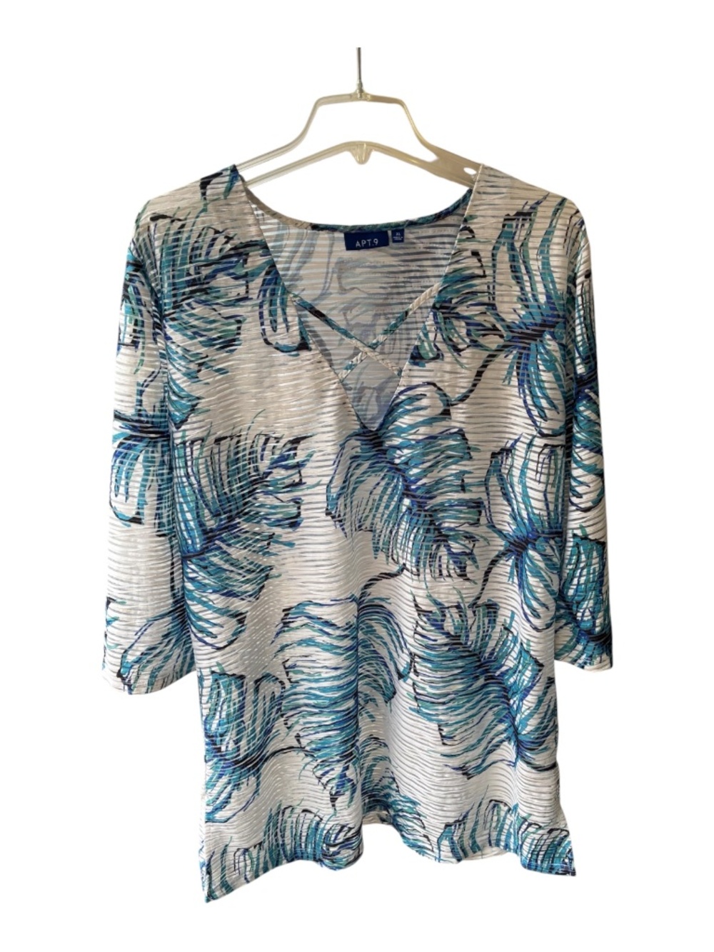 Apt. 9 Blue & White Floral V-Neck 3/4 Sleeve Swimsuit Coverup-Size XL